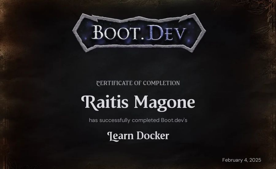 Raitis Magone's Boot.dev Learn Docker certificate