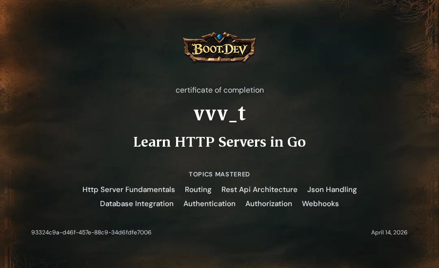 vvv_t's Boot.dev Learn HTTP Servers in Go certificate