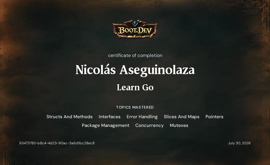 Nicolás Aseguinolaza's Boot.dev Learn Go certificate