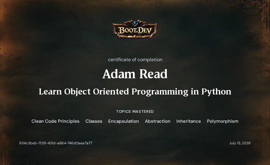 Adam Read's Boot.dev Learn Object Oriented Programming in Python certificate