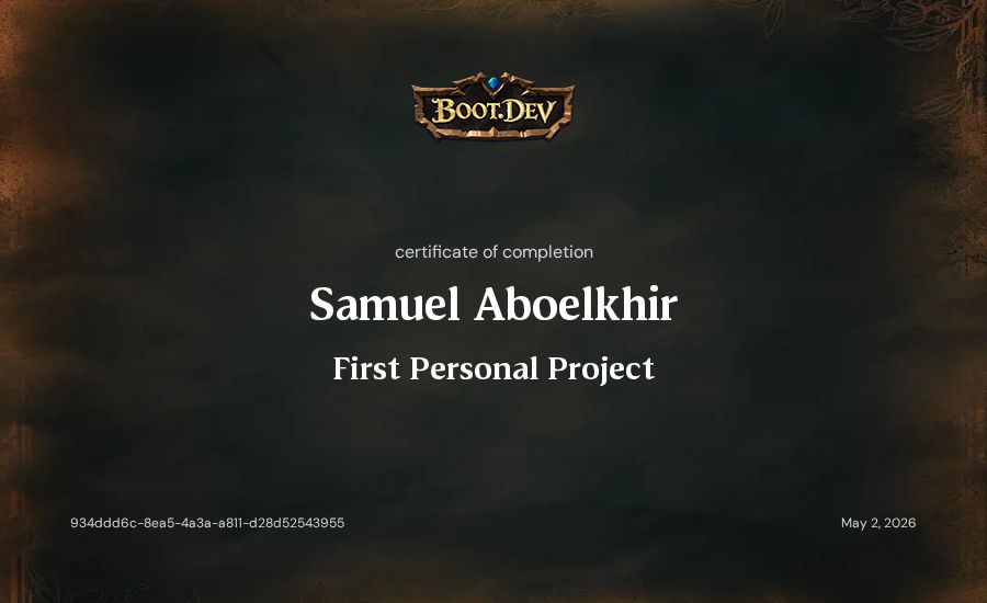 Samuel Aboelkhir's Boot.dev First Personal Project certificate