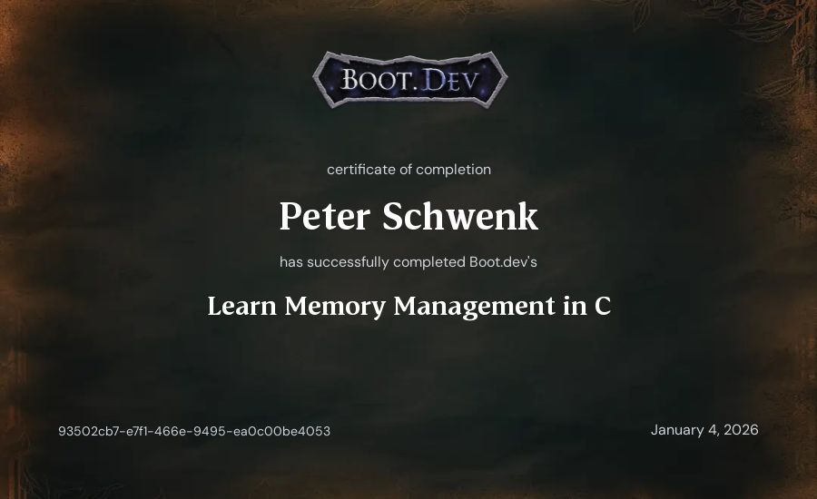 Peter Schwenk's Boot.dev Learn Memory Management in C certificate