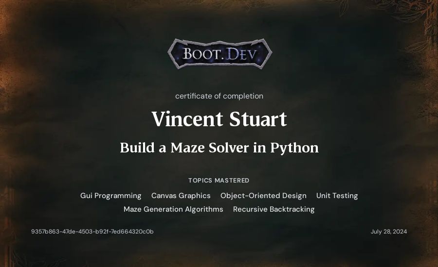 Vincent Stuart's Boot.dev Build a Maze Solver in Python certificate