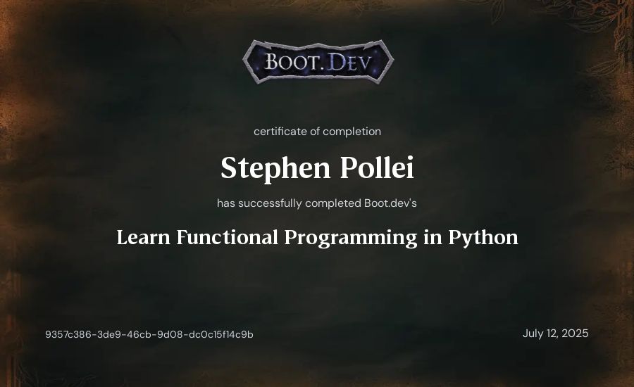 Stephen Pollei's Boot.dev Learn Functional Programming in Python certificate