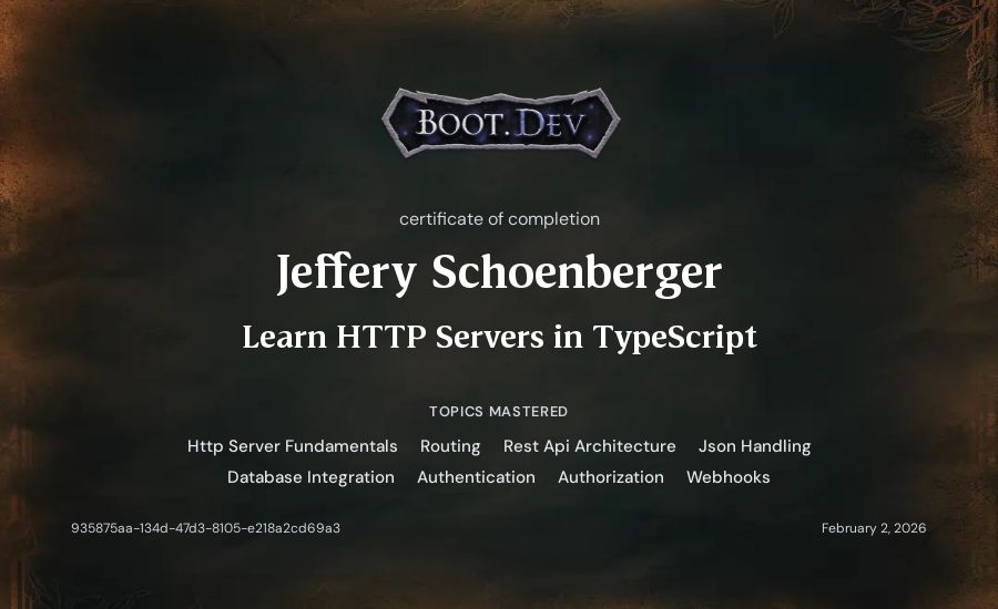 Jeff Schoenberger's Boot.dev Learn HTTP Servers in TypeScript certificate