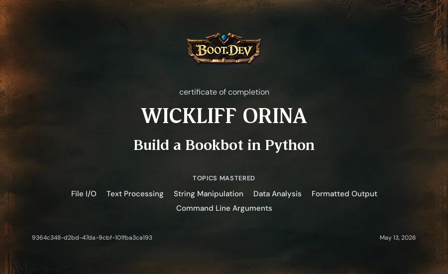 WICKLIFF ORINA's Boot.dev Build a BookBot in Python certificate