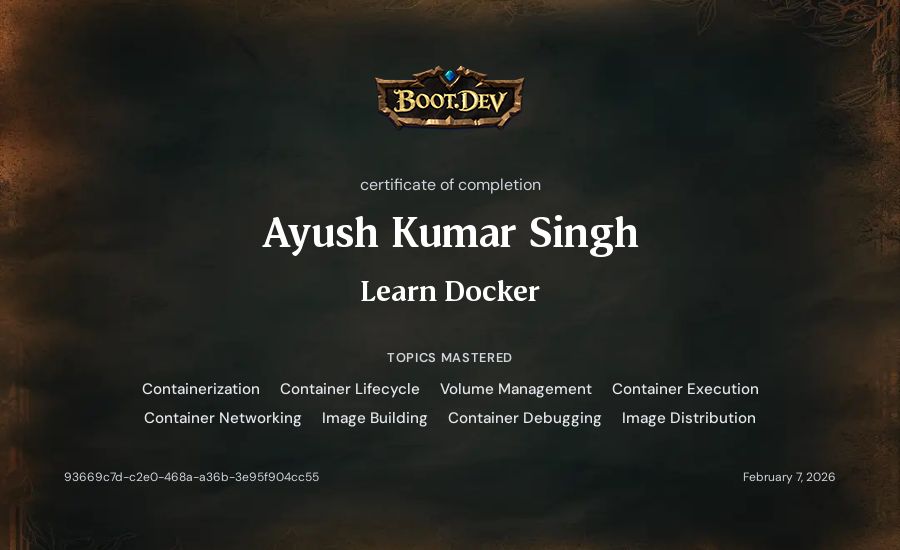Ayush Kumar Singh's Boot.dev Learn Docker certificate