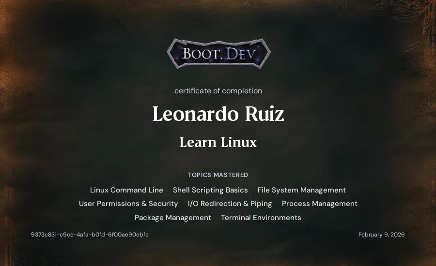 Leonardo Ruiz's Boot.dev Learn Linux certificate