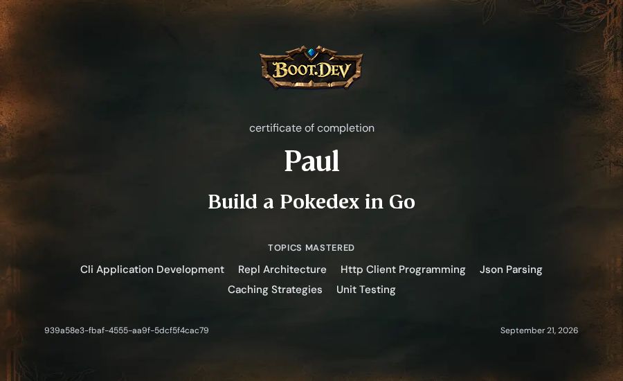 Paul's Boot.dev Build a Pokedex in Go certificate