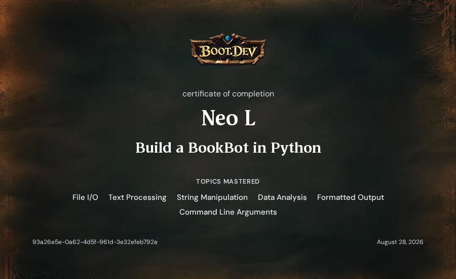 Neo L's Boot.dev Build a BookBot in Python certificate