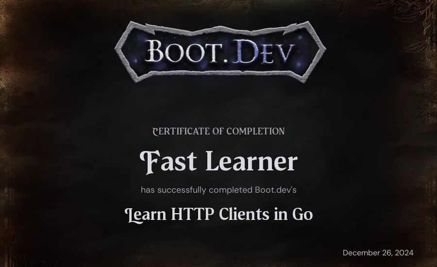 Adam's Boot.dev Learn HTTP Clients in Go certificate