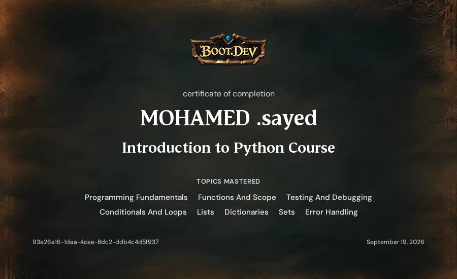 MOHAMED .sayed's Boot.dev Introduction to Python Course certificate