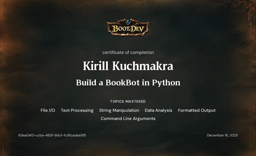 Kirill Kuchmakra's Boot.dev Build a BookBot in Python certificate
