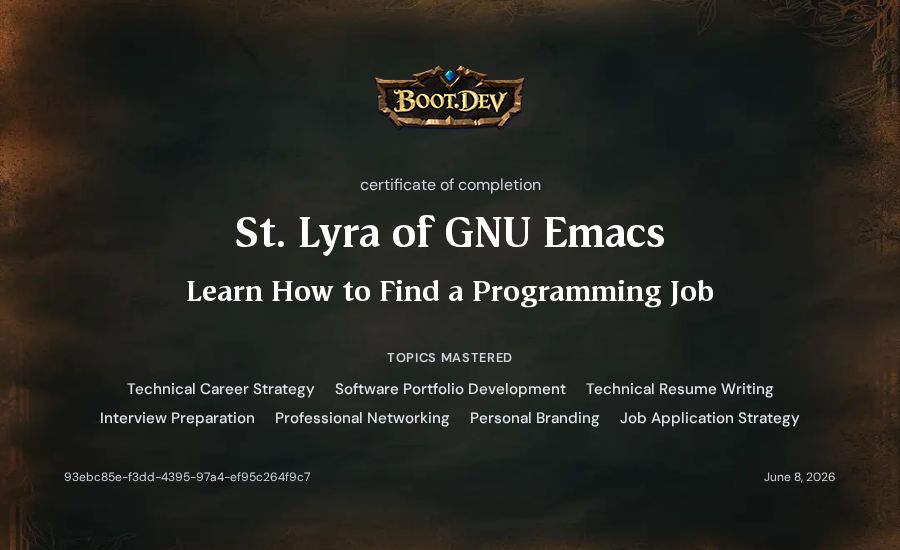 St. Lyra of GNU Emacs's Boot.dev Learn How to Find a Programming Job certificate