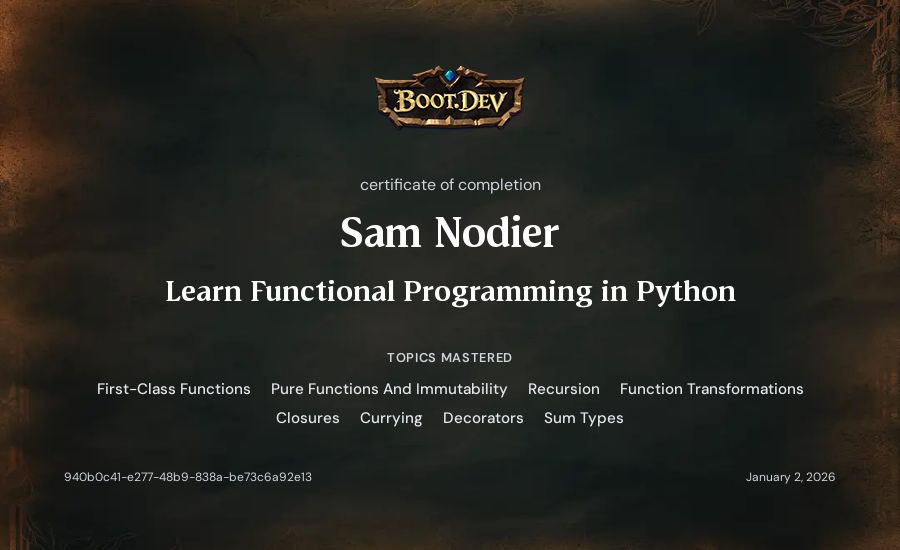 Sam Nodier's Boot.dev Learn Functional Programming in Python certificate