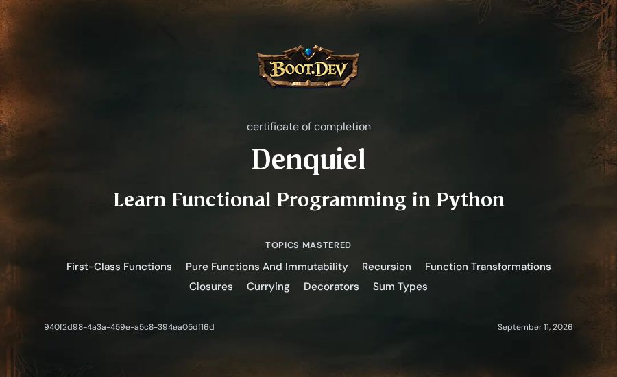 Denquiel's Boot.dev Learn Functional Programming in Python certificate