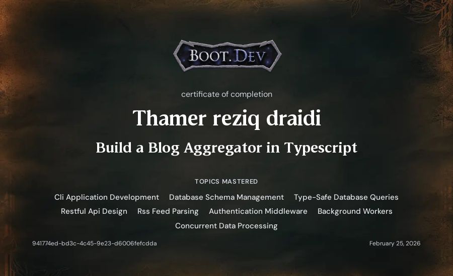 Thamer reziq draidi's Boot.dev Build a Blog Aggregator in TypeScript certificate