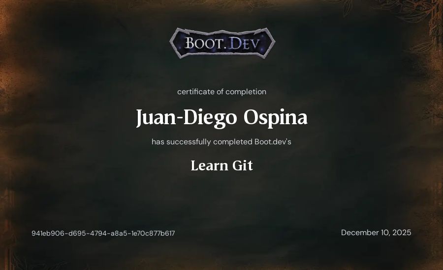Juan-Diego Ospina's Boot.dev Learn Git certificate