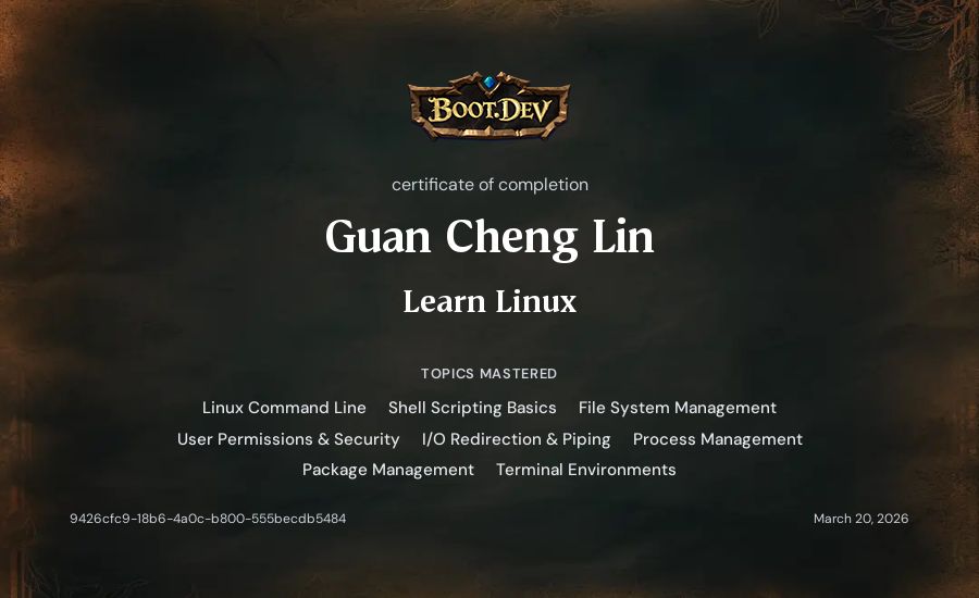 Guan Cheng Lin's Boot.dev Learn Linux certificate