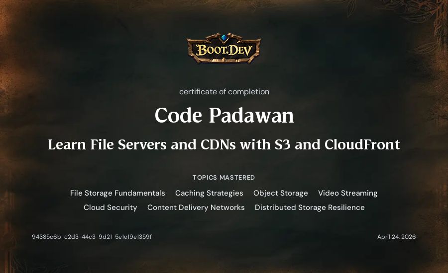 Code Padawan's Boot.dev Learn File Servers and CDNs with S3 and CloudFront certificate