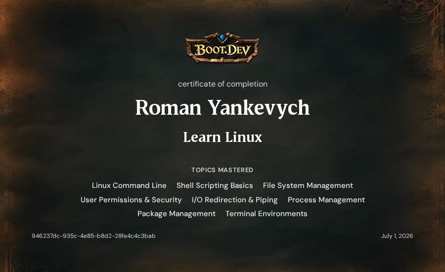 Roman Yankevych's Boot.dev Learn Linux certificate
