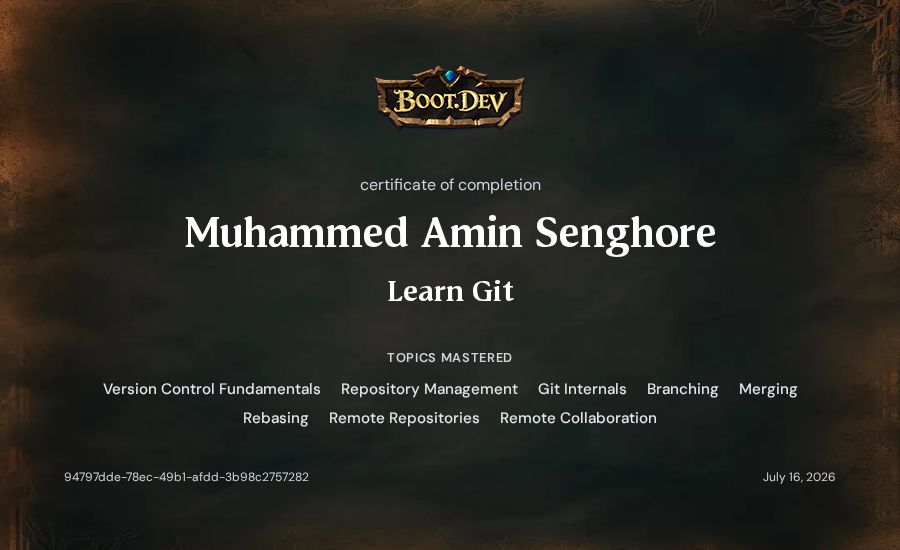 Muhammed Amin Senghore's Boot.dev Learn Git certificate