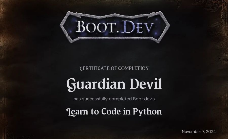 Guardian Devil's Boot.dev Introduction to Python Course certificate