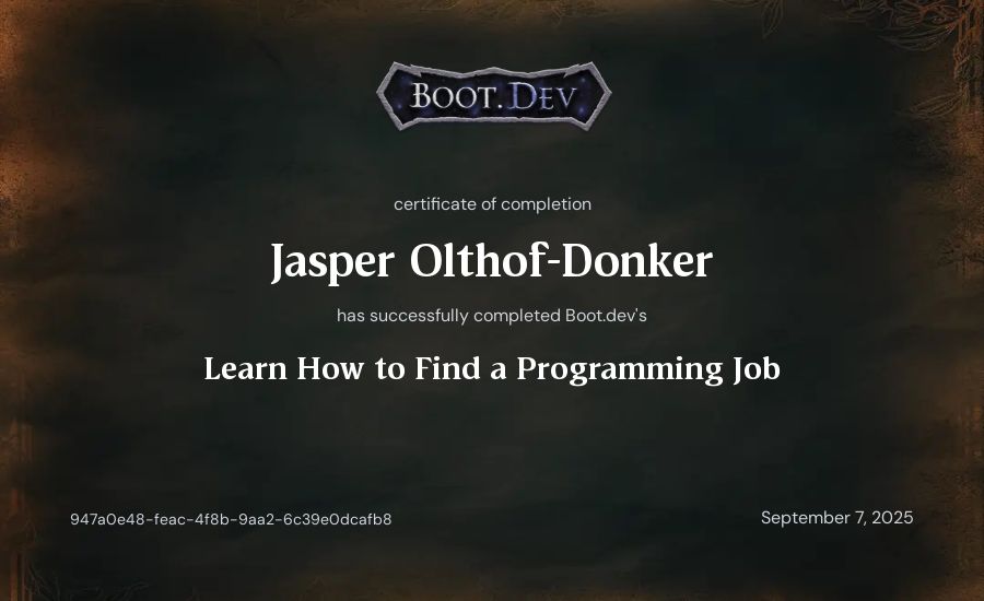Jasper Olthof-Donker's Boot.dev Learn How to Find a Programming Job certificate