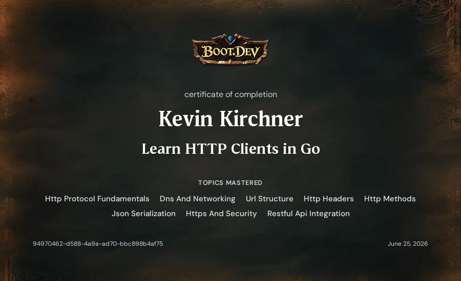 Kevin Kirchner's Boot.dev Learn HTTP Clients in Go certificate