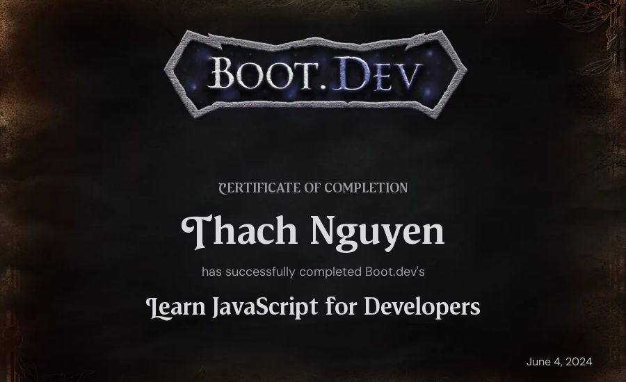 Thach Nguyen's Boot.dev Learn JavaScript certificate