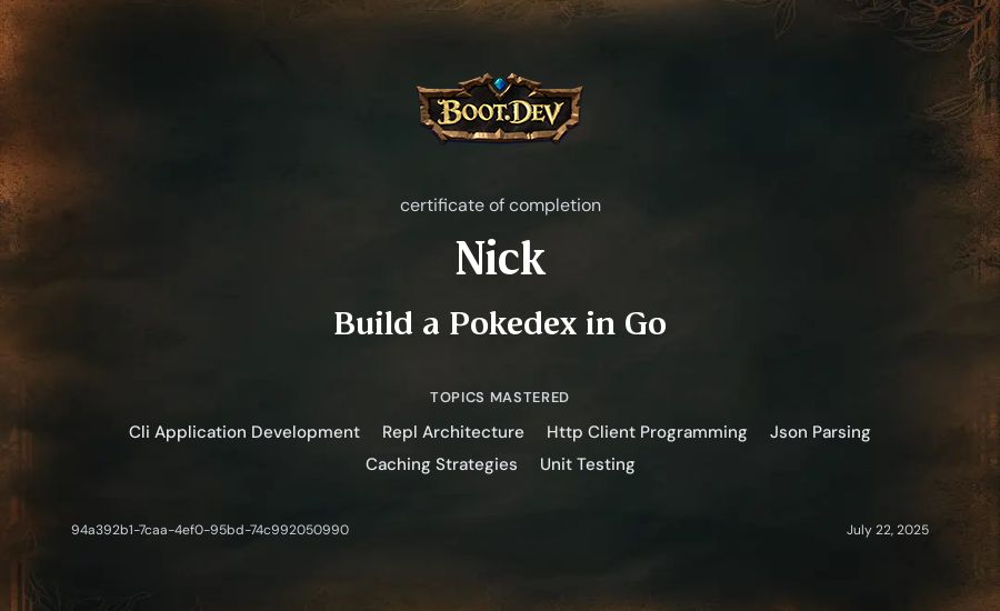Nick's Boot.dev Build a Pokedex in Go certificate