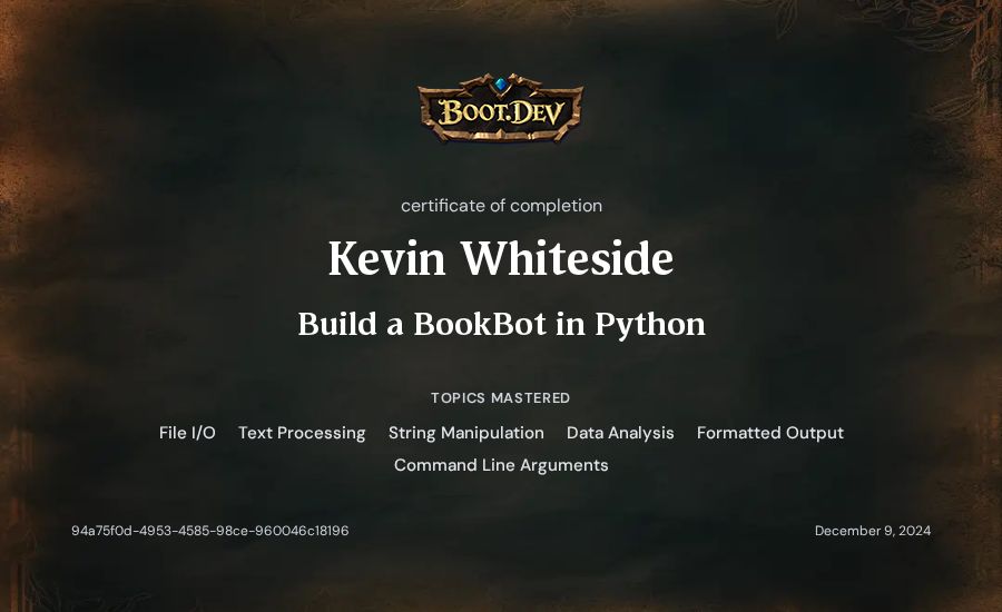 Kevin Whiteside's Boot.dev Build a BookBot in Python certificate