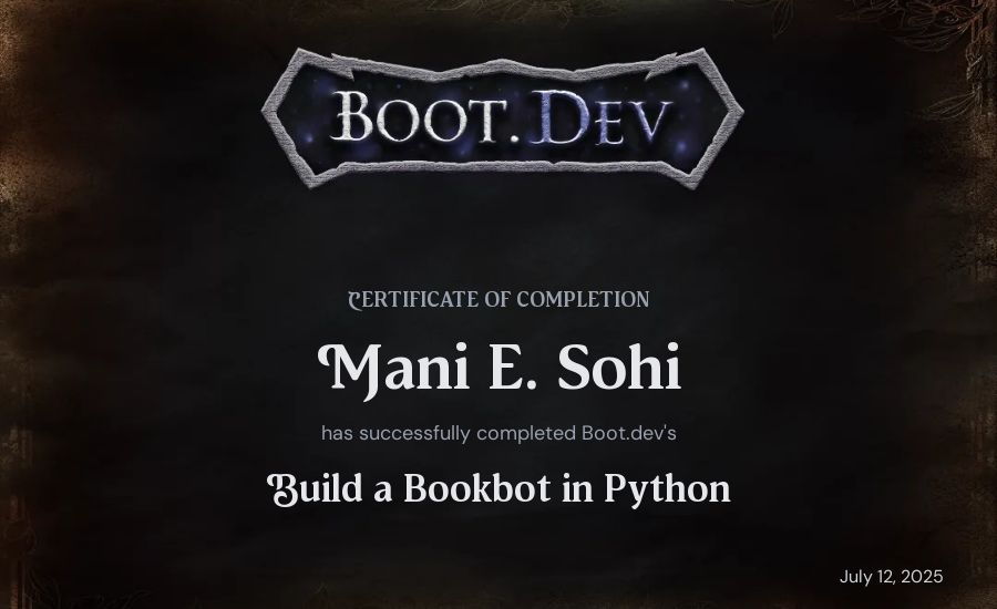 Mani E. Sohi's Boot.dev Build a BookBot in Python certificate