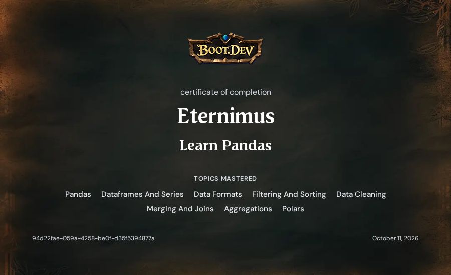 Eternimus's Boot.dev Learn Pandas certificate