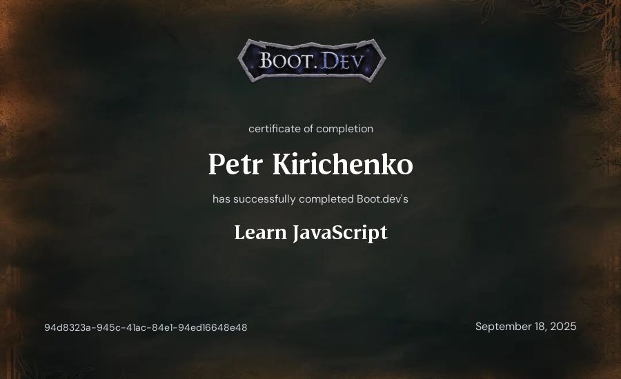 Petr Kirichenko's Boot.dev Learn JavaScript certificate