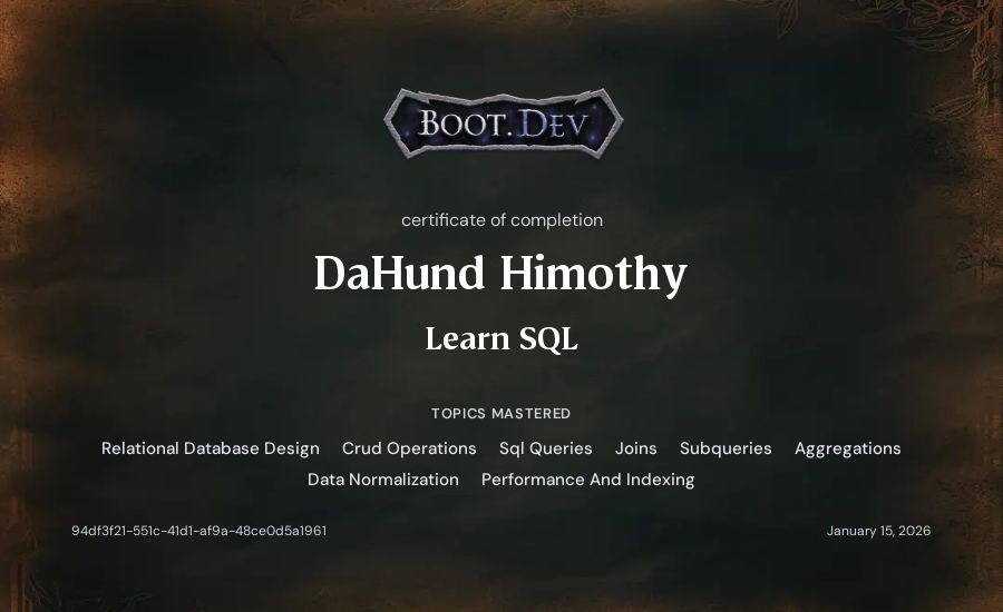 DaHund Himothy's Boot.dev Learn SQL certificate