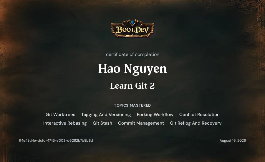 Hao Nguyen's Boot.dev Learn Git 2 certificate