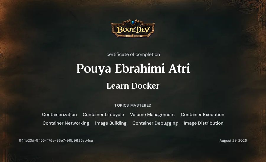 Pouya Ebrahimi Atri's Boot.dev Learn Docker certificate