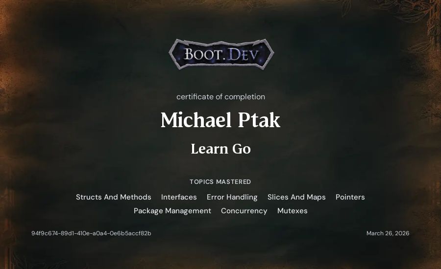 Michael Ptak's Boot.dev Learn Go certificate