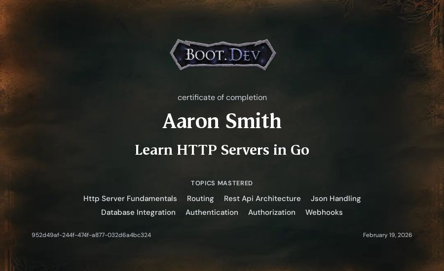 Aaron Smith's Boot.dev Learn HTTP Servers in Go certificate