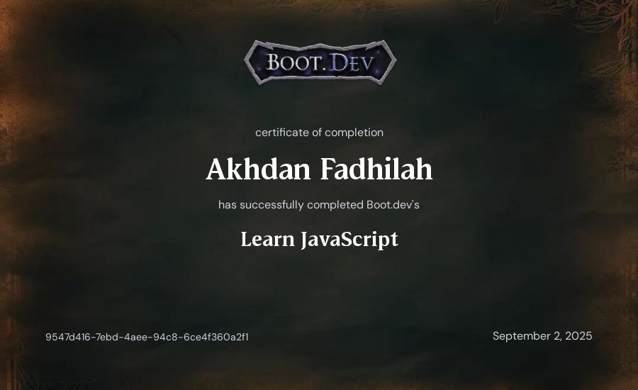 Akhdan Fadhilah's Boot.dev Learn JavaScript certificate