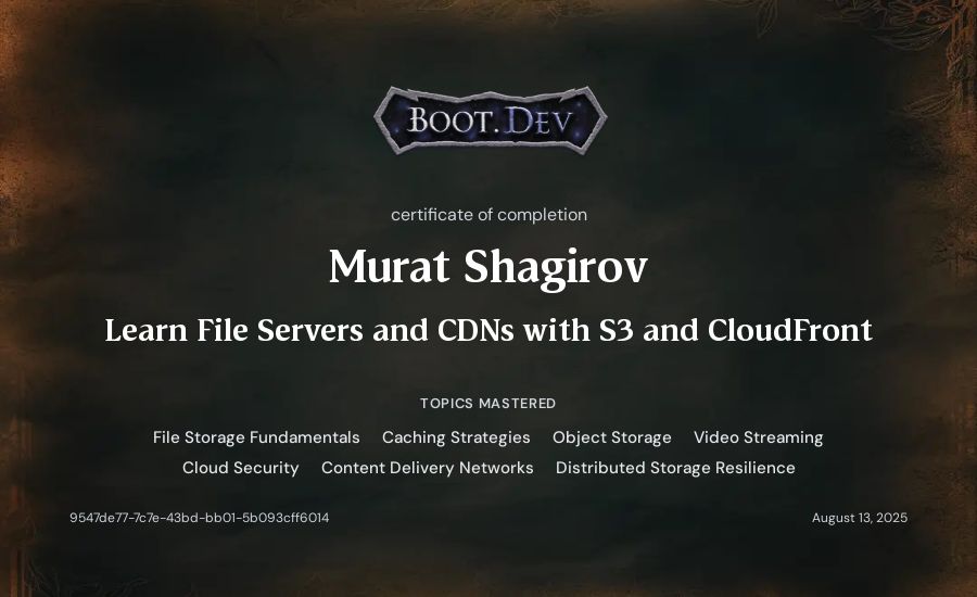 Murat Shagirov's Boot.dev Learn File Servers and CDNs with S3 and CloudFront certificate
