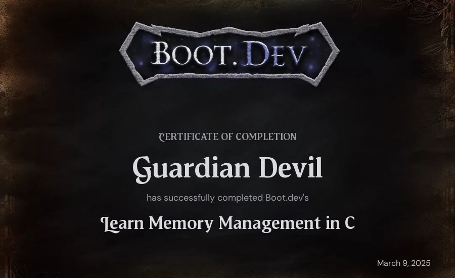 Guardian Devil's Boot.dev Learn Memory Management in C certificate
