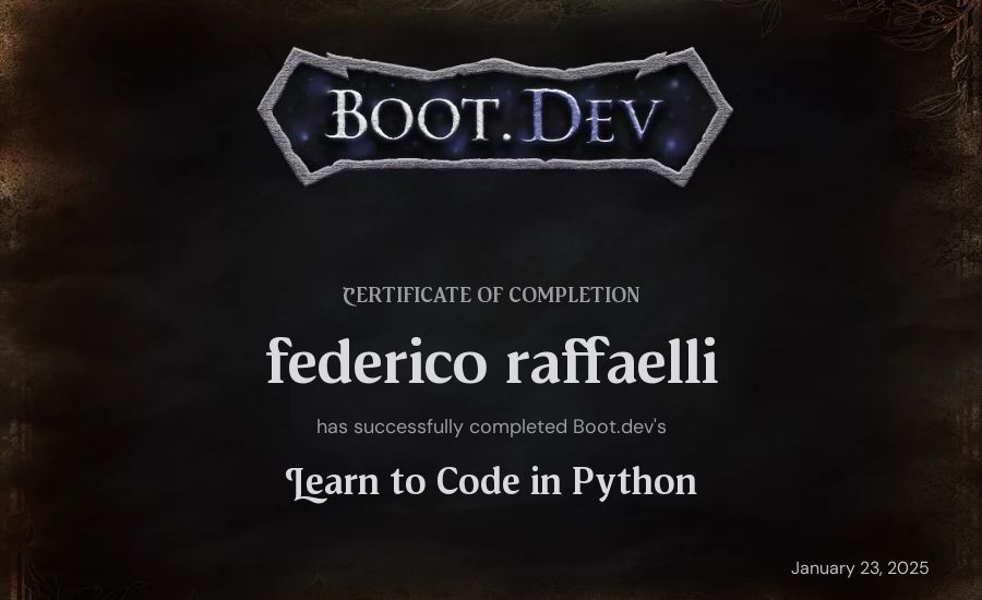 federico raffaelli's Boot.dev Introduction to Python Course certificate