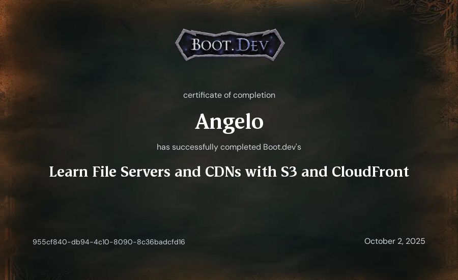 Angelo's Boot.dev Learn File Servers and CDNs with S3 and CloudFront certificate
