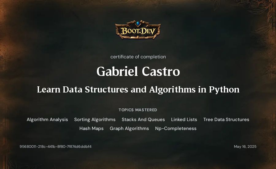Gabriel Castro's Boot.dev Learn Data Structures and Algorithms in Python certificate