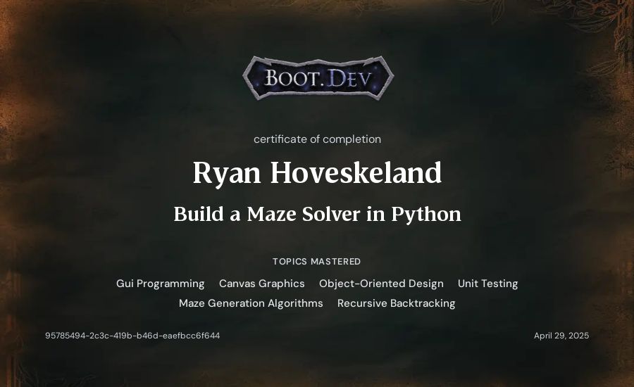 Ryan Hoveskeland's Boot.dev Build a Maze Solver in Python certificate