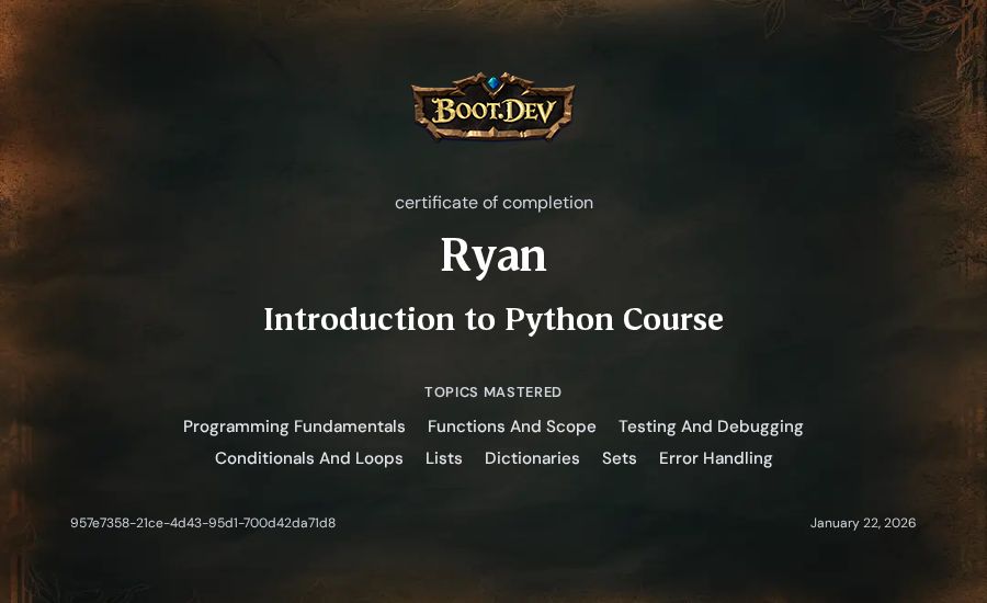 Ryan's Boot.dev Introduction to Python Course certificate