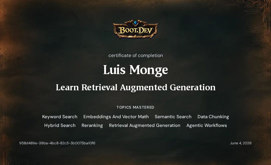 Luis Monge's Boot.dev Learn Retrieval Augmented Generation certificate