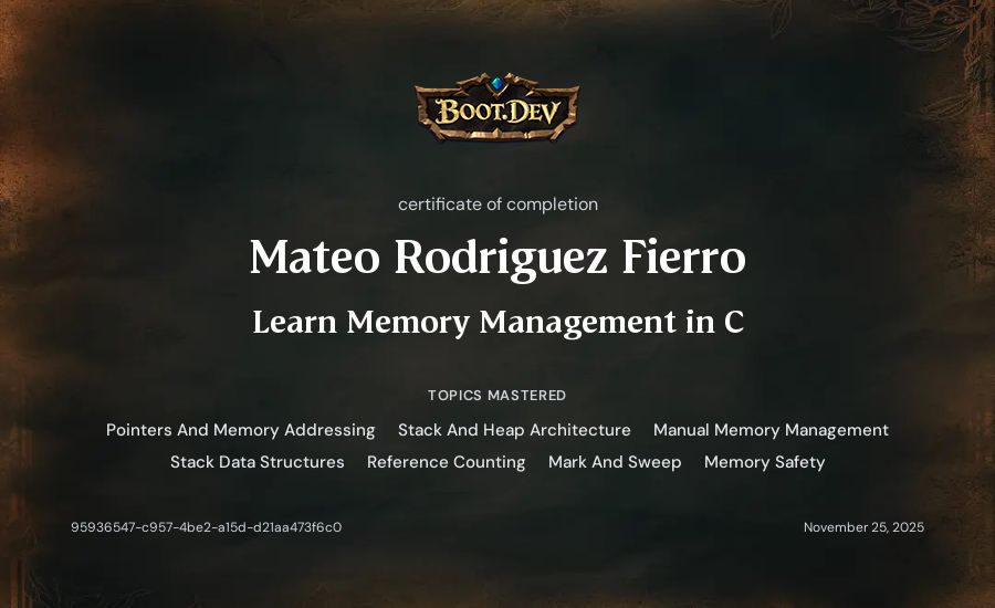 Mateo Rodriguez Fierro's Boot.dev Learn Memory Management in C certificate